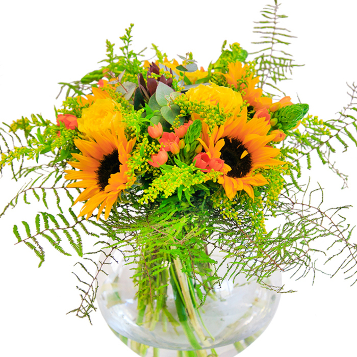 The shimmering spirit of Esher is embodied in this luminous floral arrangement, where every detail speaks of artistry and abundance. Lively sunflowers form the radiant core, their golden petals stretching wide, each one framing a deep brown center that draws the gaze with gentle confidence. Tucked among them, lush yellow garden roses spiral into bloom, their petals tightly layered and soft, reminiscent of a walk through Littleworth Common at the peak of summer. Sprays of glossy red hypericum berries, like drops of sunlight captured in fruit, stand out playfully against the surrounding greenery. Wispy ferns and filler flowers, possibly goldenrod or airy green spikes, cascade around the edges, adding lightness and movement, while silvery hints of eucalyptus provide a cool, rustic accent. All are gathered into a round, crystal-clear glass vase-each vibrant stem visible beneath the water, reinforcing a theme of freshness and pure design. The bouquet is animated by natural light, casting gentle shadows that play across the table, and it exudes a scent that is at once subtle and uplifting, recalling open fields and sun-washed Esher mornings. Perfect as a centerpiece for a family celebration, a milestone, or a thoughtful gift, this bouquet reflects both local craftsmanship and a genuine love for the changing seasons of Esher.
