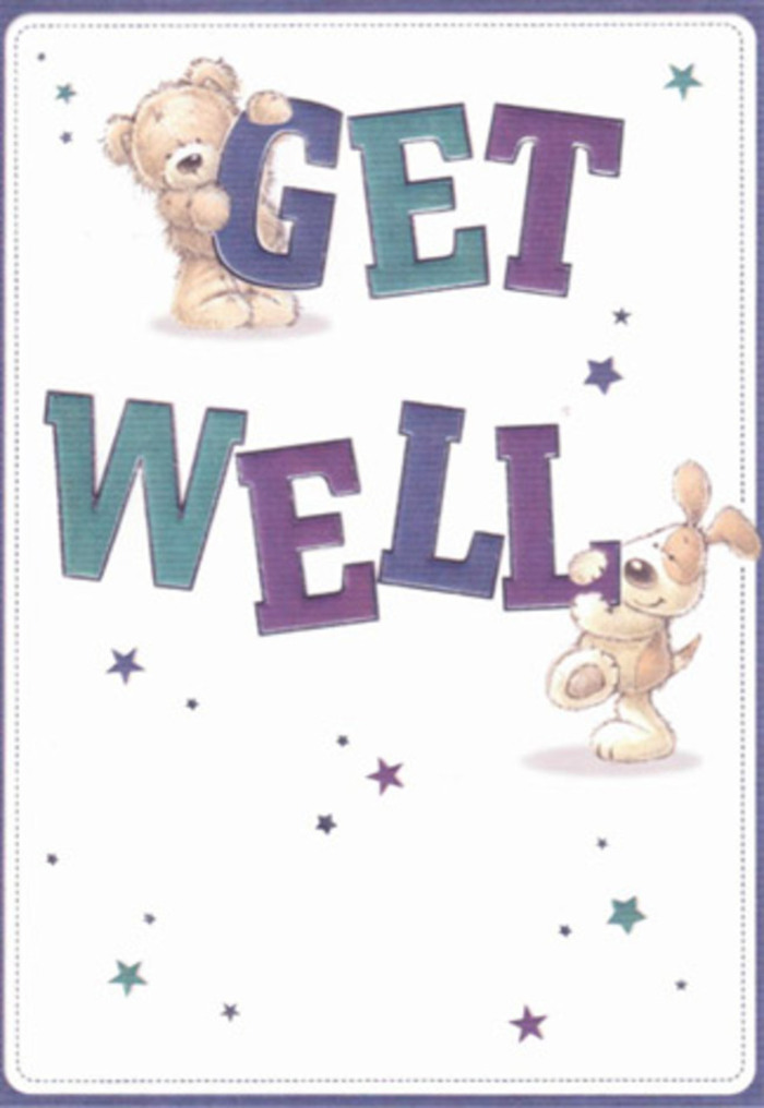 A celebration of sincere encouragement, this get well card encapsulates the genuine kindness that flows through the heart of Esher and its leafy neighbourhoods. The illustrated scene features two companions-a bear with soft, textured fur and a puppy with velvety, tousled ears. Playful starlight dances about them, as if carrying wishes across the common near Ember Lane. The message 'Get Well' commands the centre with bold, overlapping letters shaded in calming purples and aquas, grounding the composition with a cheerful sense of reassurance. Each detail is rendered with the same thoughtful care reserved for assembling a thoughtful bouquet: layers of visual texture invite thoughts of touch, from the bear's plush coat to the puppy's soulful gaze. The mood conveyed is light, fresh, and quietly joyous, much like the feeling of receiving a floral delivery from Flowers Esher after a morning at the local markets. Together, the card and a bouquet sent with it would deliver a wave of optimism, perfect for cheering up anyone recuperating within the town's tranquil surroundings.