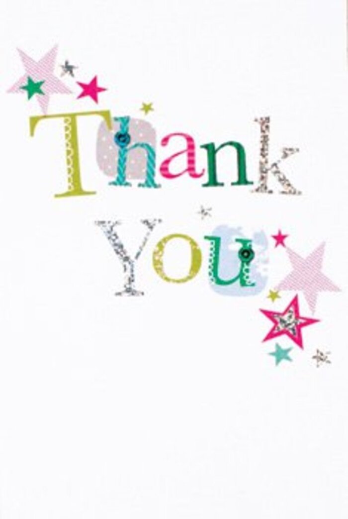 Elegant yet playful, this thank you card captures the gracious energy of Esher's community-from serene corners of Claremont Landscape Garden to the vibrant hum of Portsmouth Road. Each letter in 'Thank You' is crafted with unique movement; some are whimsical with polka dots, others graceful, almost musical in their youthful curves. Vibrant stars, dusted with glimmering silver, candy pink, and rich turquoise, cluster near the message, as if casting an extra touch of cheer over the words. The design floats across a crisp white backdrop, creating an airy, modern feeling-never crowded, always inviting. This card is sophisticated in its simplicity, offering warmth and inclusivity that speaks to the spirit of Esher's diverse communities. Its textural details-the gentle glint of silver, hints of embroidery-showcase a florist's attention to both tradition and innovation, fitting seamlessly alongside a bouquet delivered to Hinchley Wood or a loved one in Oxshott. Perfect for any grateful occasion, the card is a memorable keepsake, much like a handwritten note or the fragrance of fresh flowers received after a special milestone in Esher.