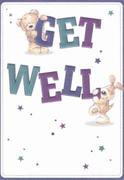 This endearing get well card captures the nurturing energy often found in Esher's beloved high street florists, whose arrangements brighten the windows of homes near Sandown Park Racecourse. At the centre, a cuddly teddy bear wraps his arms over the top of the word 'GET,' while a joyful puppy nuzzles the base of the bold 'WELL.' Their forms are soft, rounded, and expressive, radiating the kind of hope and closeness that a fresh bouquet brings. The confident letters stand out in a rich medley of purples and teals, visually uplifting against a gentle white canvas, much like a lush arrangement standing proud and vibrant within an Esher sitting room. Scintillating stars scatter across the design-tiny blue and violet sparks of imagination that allude to the simple magic of a heartfelt wish. The scene's bright clarity and welcoming tone echo the optimism that comes with thoughtful gestures-be it a card sent to recover from an illness or a bouquet delivered on a grey day. With texture so inviting you can almost feel the plush fur and floppy ears, this card is a sensory comfort, reflecting the care and expertise of real Esher florists.