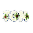 A dignified floral tribute spells TOM in three-dimensional, pillow-soft letters entirely cloaked in pristine white chrysanthemums, each tiny bloom layered to create a gentle, voluminous texture that reads as comfort and quiet presence. The crisp contours of each letter are traced with a royal blue ribbon, a clean, almost satin edge that lends formal definition and a subtle, calming contrast to the white mass. Nestled within the body-around the stem of the T, the heart of the O, and the base of the M-are balanced sprays centred on a single deep red rose in each letter, its velvety petals a poignant focal point of love and remembrance. Smaller creamy ivory spray roses tumble delicately beside the red blooms, while slender green fern fronds and glossy foliage lift and separate the textures so the arrangement breathes rather than lies flat. The whole composition is engineered on a low, dark metal framework visible beneath and behind the letters, giving them upright presence for display at a memorial or funeral easel. Photographed against a stark white background with soft, even lighting, the colours read true-the blues clean, the whites pure, the reds rich-while a faint, dignified scent of roses and fresh chrysanthemums would be present in the room. As a bespoke sympathy piece, this design is handcrafted with measured restraint, intended to convey respect and solace rather than ostentation. For families in Esher and nearby Elmbridge neighbourhoods, this lettered tribute offers a quietly formal way to honour a life, its texture and tones chosen to sit gently within a chapel or crematorium setting and to hold memory with care.